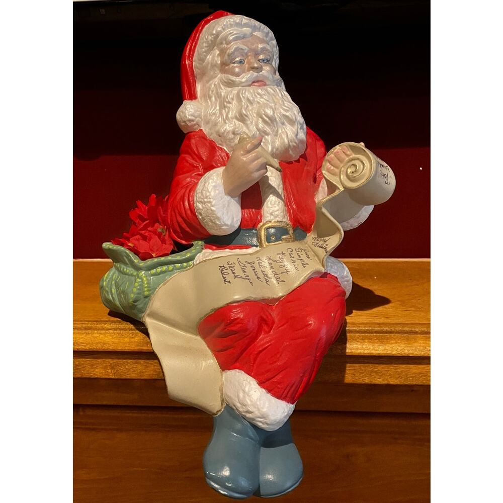 Santa Sitting Decor SANTAS LIST Mantlepiece Poinsettias Vintage‎ Statue Figure